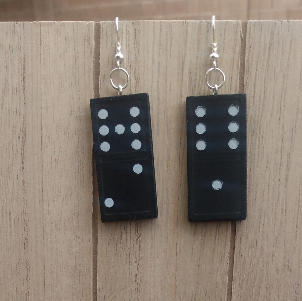 Hand Crafted Domino Wooden Game Piece Earrings upcycled